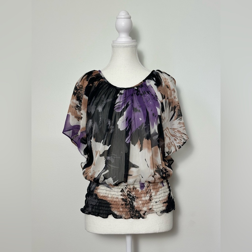 BIZZ GIRL Y2K Dark Floral Whimsigoth Sheer‎ Flowy Banded Blouse Size M